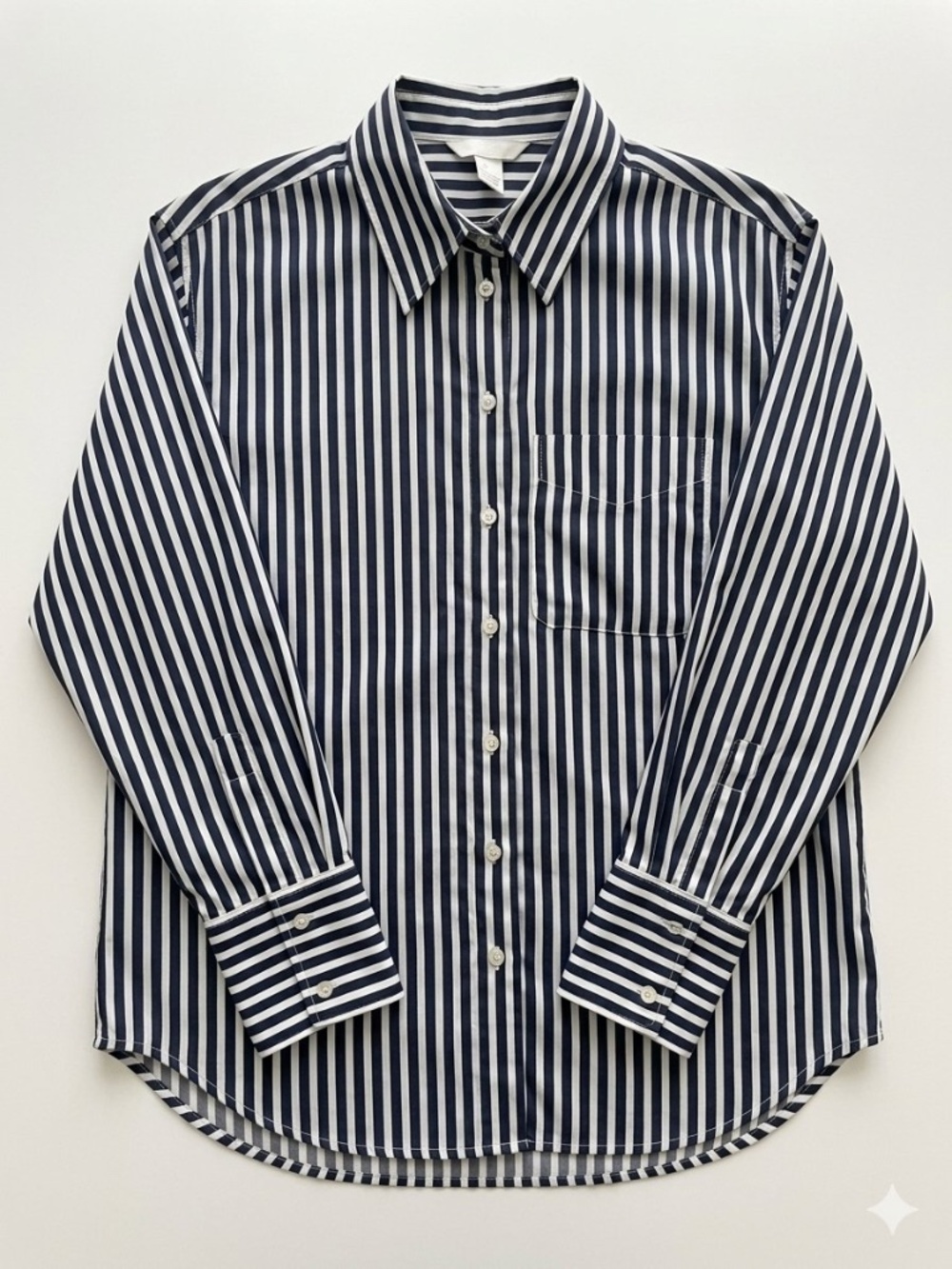 H&M Oversized Striped Satin Button-Down Shirt Size Small NWOT, navy blue & white